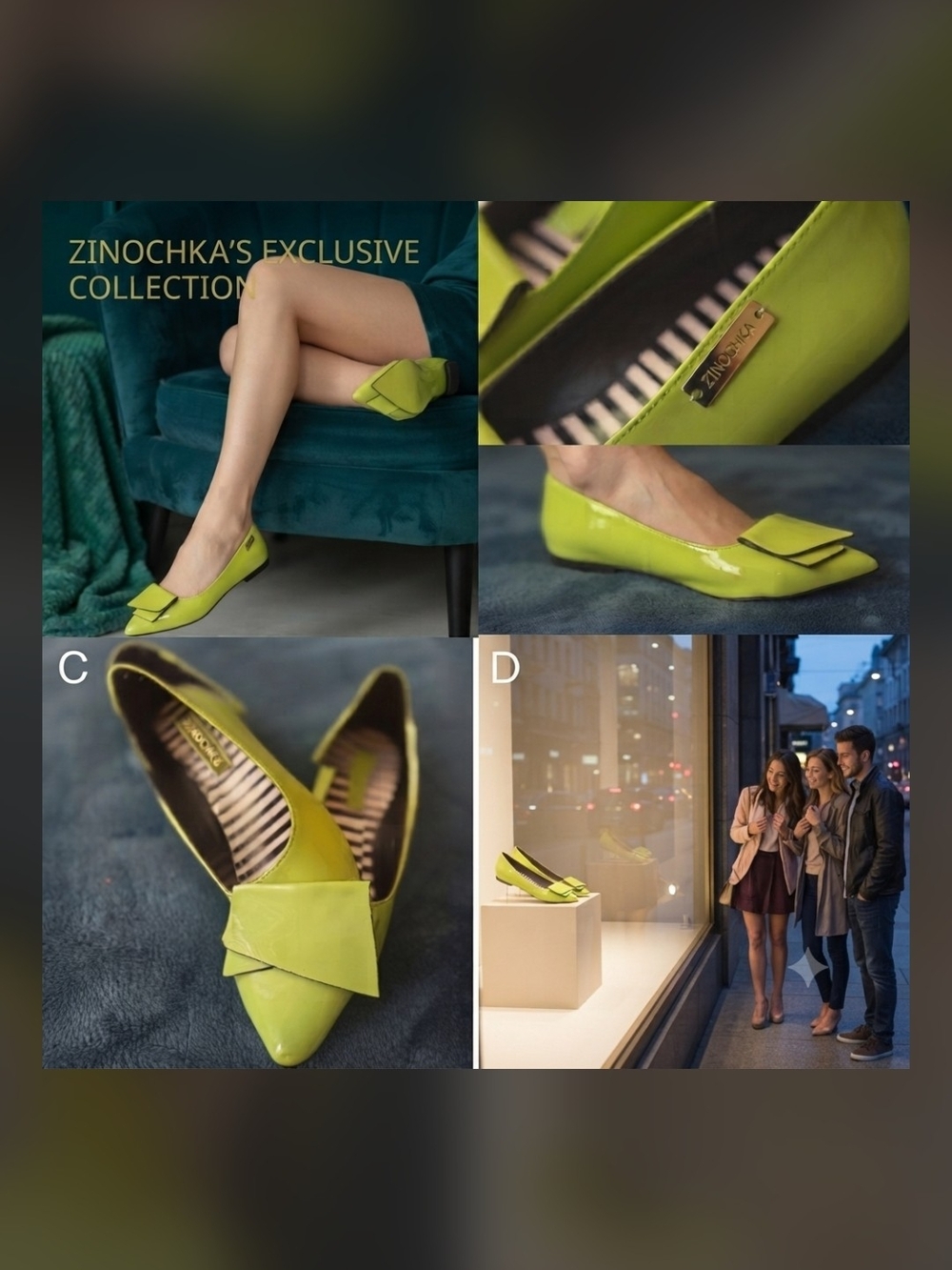 Zinochka Lime Green Pointed Ballet Flats with Decorative Bow